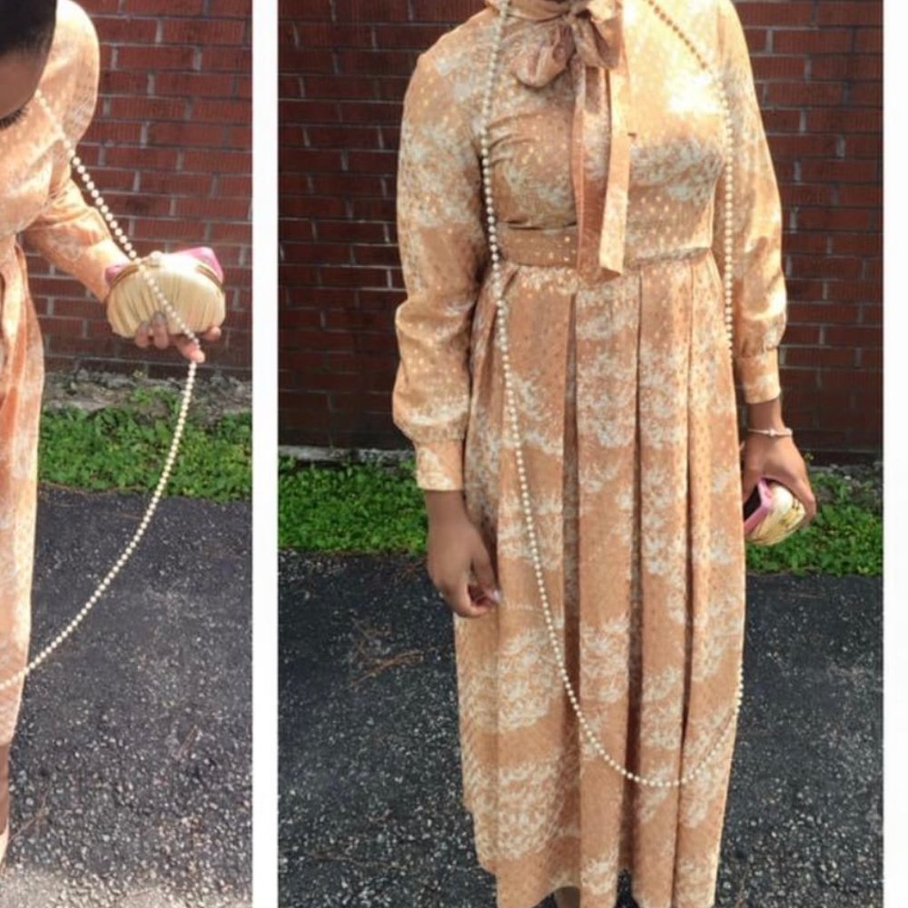 Vtg Pussy Bow Gold Dress